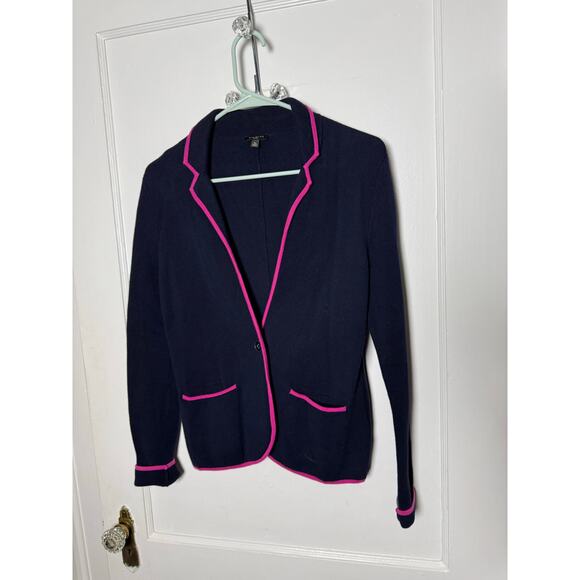 Talbots Navy Blue Pink Sweater Blazer Cotton Knit Chic Polished Women's SP - Picture 2 of 7